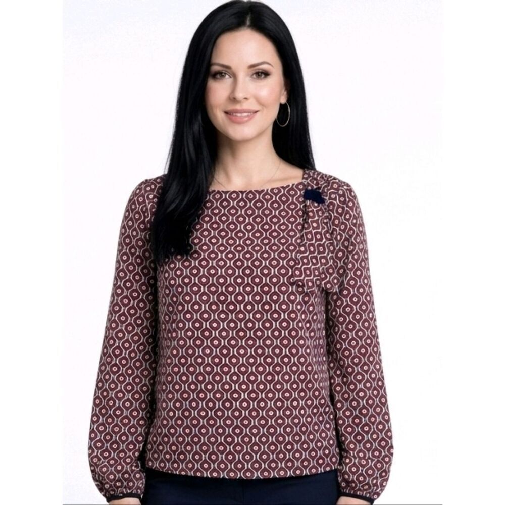 Tommy Hilfiger Red Side Tie Geometric Print Long Sleeve Blouse Size SP